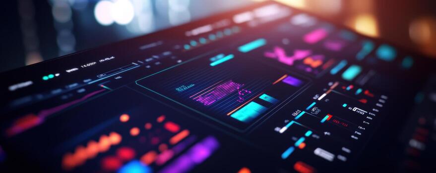 Digital data dashboard screen displays graphs, charts, city background photo
