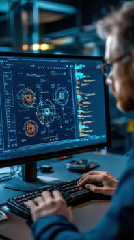 Programmer coding late night in tech office photo