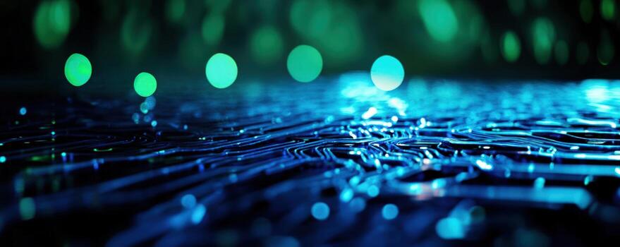 Abstract digital circuit, glowing blue, bokeh background, tech website photo