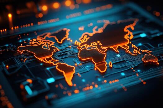 Global network connection, digital world map circuit board, glowing orange lines, technology background, website header photo