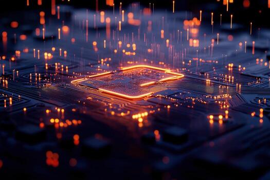 Glowing CPU, data streams, circuit board, tech background, digital future concept photo