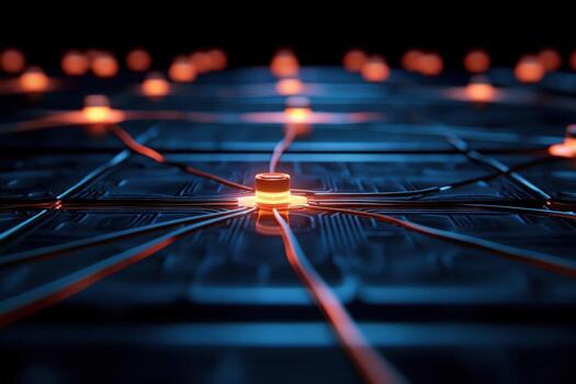 Glowing Network Node, Circuit Board, Data Center, Connectivity photo