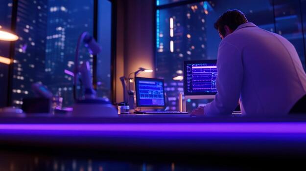 Programmer coding at night, city view photo