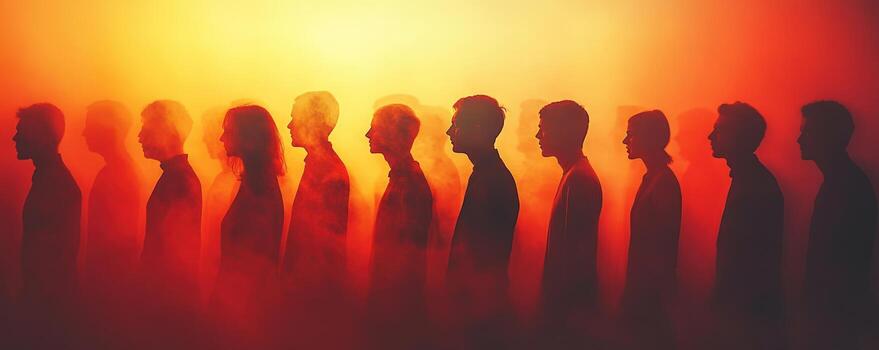 Silhouetted figures in hazy orange light, queueing, event backdrop photo