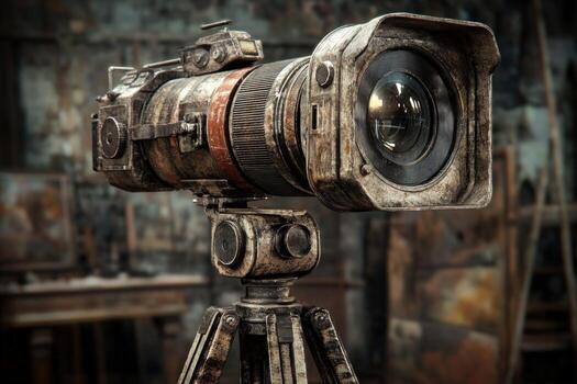 Dusty vintage camera tripod studio art background photo