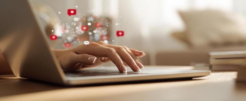 The laptop with hands typing and digital social media notifications emerging. photo