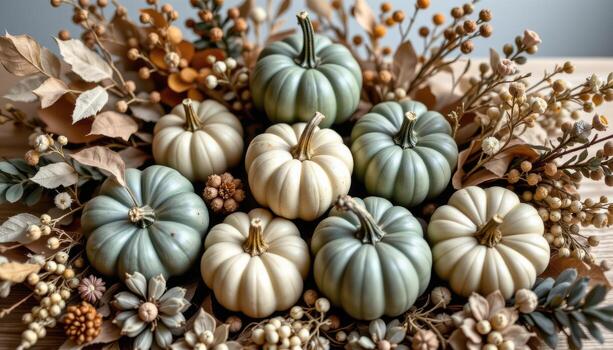 muted green pumpkins surrounded by neutral toned dried florals in a soft, scandinavian style display. photo