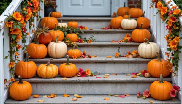 pumpkins arranged on a staircase, adorned with floral garlands in warm complementary tones. photo