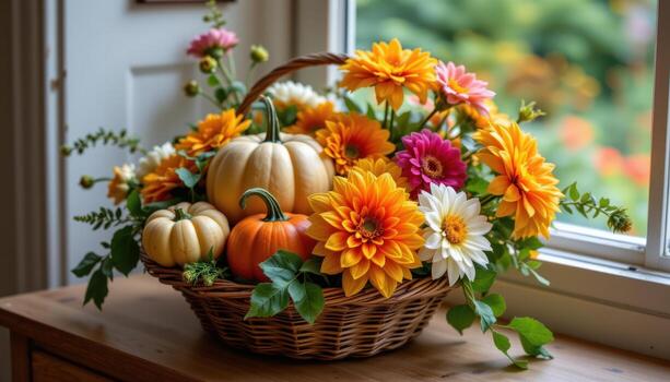 pumpkins and dahlias arranged harmoniously in a woven basket on a rustic wooden table by the window. photo