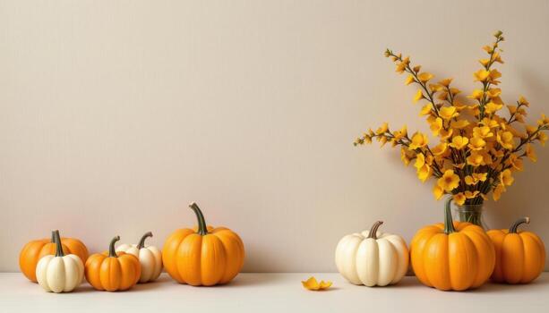 a clean minimalist scene with pumpkins and simple greenery against a textured beige background. photo