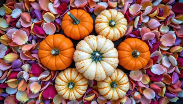 an overhead shot of pumpkins surrounded by rings of petals in harmonious complementary colors. photo