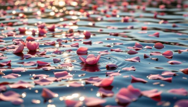 the shimmering water carries delicate petals slowly, creating soft patterns across the mirrored lake expanse. photo