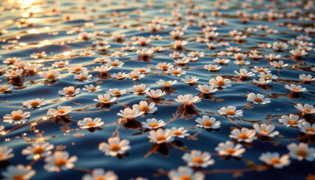 the shimmering water holds countless blooms glowing faintly, forming intricate patterns across the surface. photo