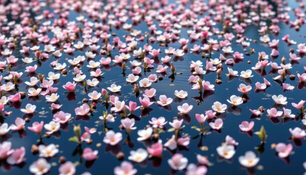 blossoms scatter endlessly across the still water, creating a soft, dreamlike pattern of quiet reflections. photo