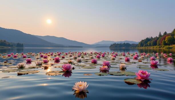 the calm lake ripples slightly as floating blooms create endless soft patterns under a glowing crescent moon. photo