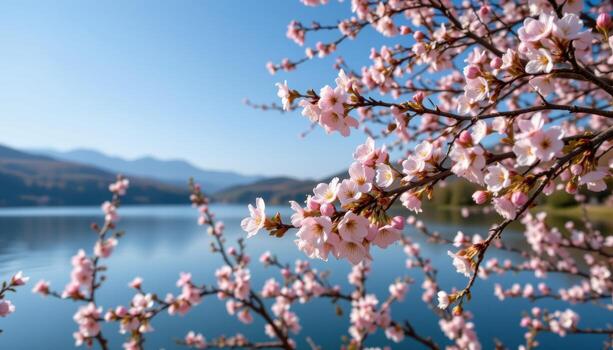 thousands of blossoms drift in gentle patterns, turning the tranquil lake into a soft pastel colored canvas. photo