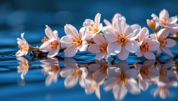 bright blossoms glow softly against deep blue waters, their mirrored reflections forming delicate patterns. photo