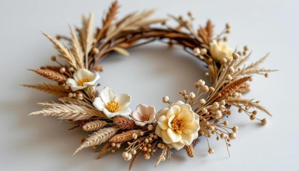 a muted boho wreath, dried pampas grass and beige florals intertwined in an airy, soft design. photo