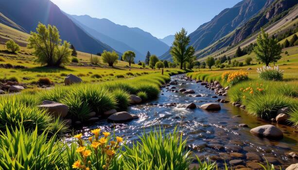 a quiet moment in nature sunlight on grass, a crystal stream flowing steady, and ancient mountains framing the view. photo