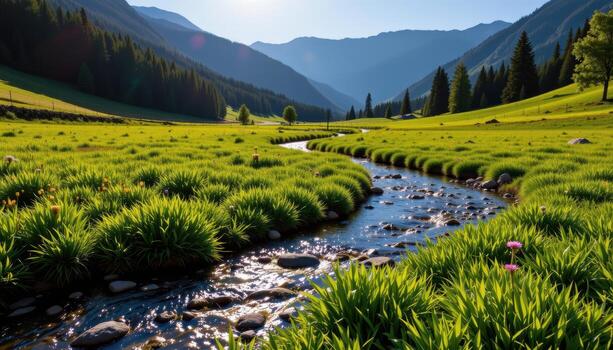 light and nature merge meadow soft and green, stream pure and shimmering, mountains silent under the midday sun. photo