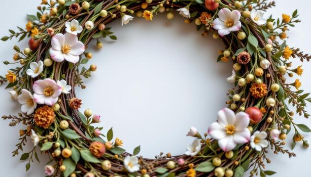 a wreath of dried herbs and small blossoms, soft natural tones and subtle textures creating serenity. photo