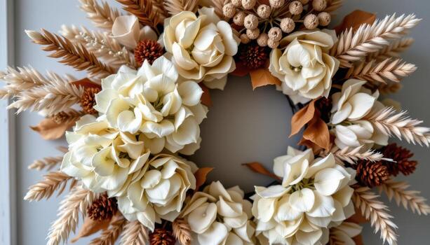 a wreath of dried hydrangeas and neutral grasses, arranged with a subtle, vintage inspired design. photo