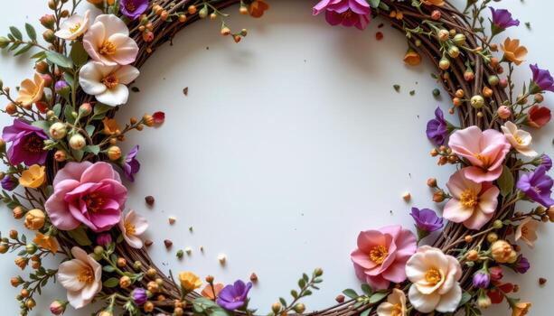 a soft natural wreath, dried blooms and herbs forming a balanced, calming, circular composition. photo