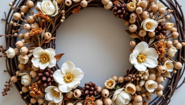 un guirnalda de seco flores y semilla vainas, neutral tonos arreglado en un simple, rústico circular marco. foto