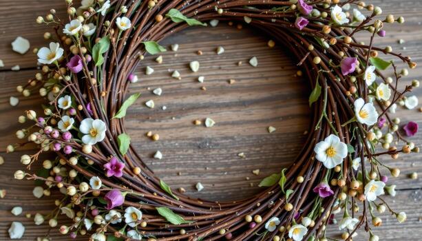 a rustic handmade wreath, dried herbs and blossoms woven into a soft and timeless circular design. photo