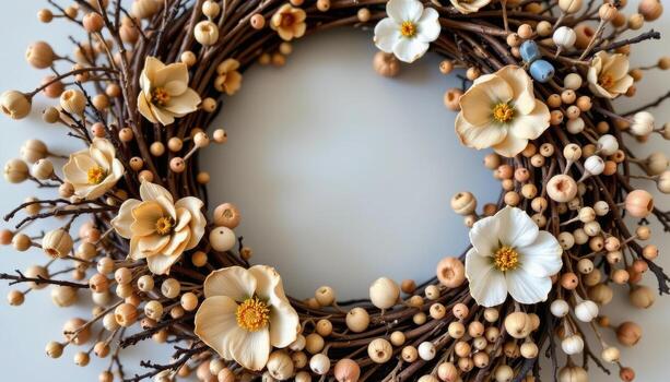 a wreath of muted dried blossoms, twigs, and seed pods, arranged for rustic elegance and charm. photo