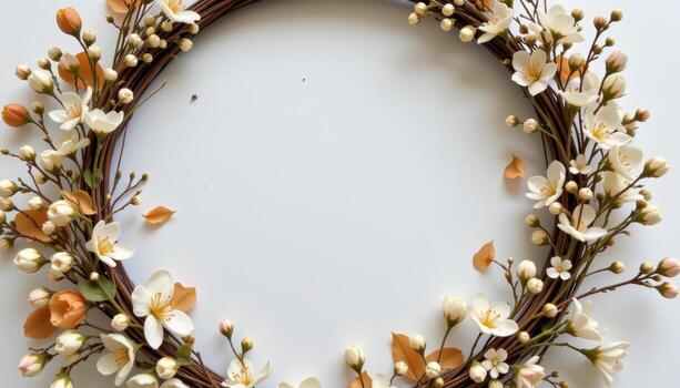 a minimal dried wreath, soft neutral colors and delicate blossoms arranged in a circular handmade frame. photo