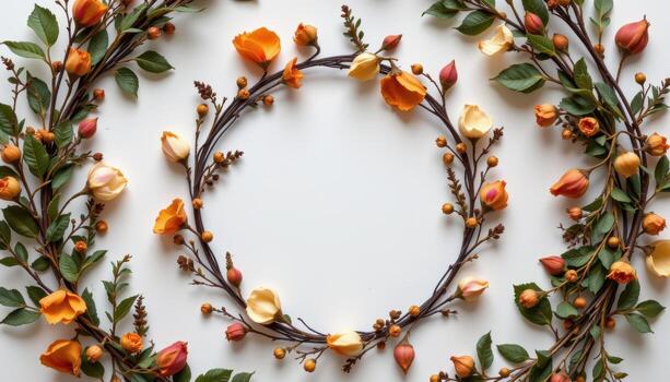 a delicate wreath, dried petals and foliage forming a simple and calming natural composition. photo