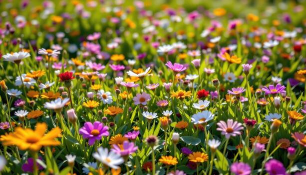 a sunlit meadow filled with blooming wildflowers, petals gently moving, colors blending in harmonious patterns. photo