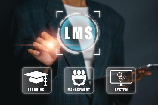 Conceptual image of a Learning Management System interface highlighting education, management, and system icons. photo