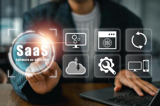 visual representación de saas con digital íconos y un profesional utilizando un computadora portátil, simbolizando basado en la nube software soluciones foto