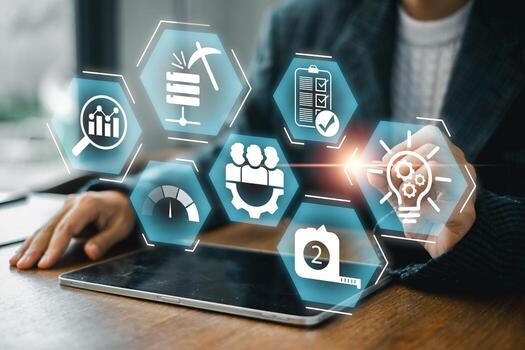 Explore the future of business intelligence with digital analytics and data visualization tools on a tablet. photo