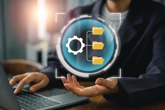 Visual representation of data management with digital folder icons and technology interface, ideal for business and tech themes. photo