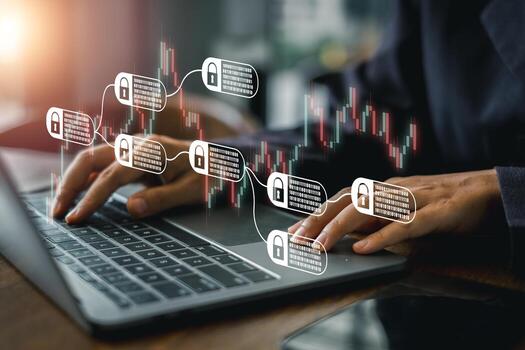 visual representación de blockchain tecnología con datos bloques y seguro conexiones en un ordenador portátil teclado. foto