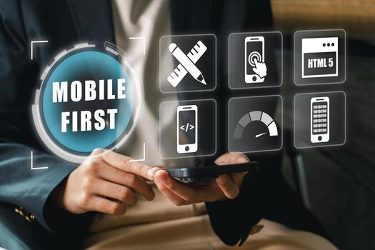 Mobile first approach illustrated with digital icons and smartphone, emphasizing modern web design and user experience. photo