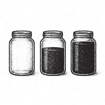Grainy black and white illustration of three jars representing empty half full and full containers symbolizing balance growth storage concept optimism perspective life and choices vector