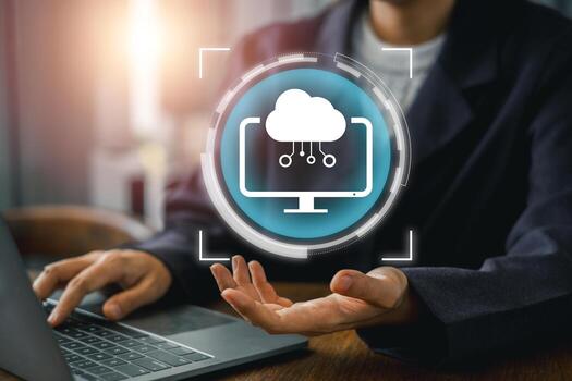 Explore the future of technology with this image showcasing edge computing and cloud integration in a sleek, modern workspace. photo