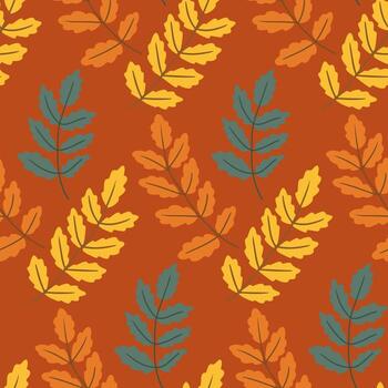 Seamless pattern with rowan tree leaves in yellow, orange and green on a warm red background, flat hand drawn . This image reflects the concept of autumn, nature design, and seasonal decoration vector