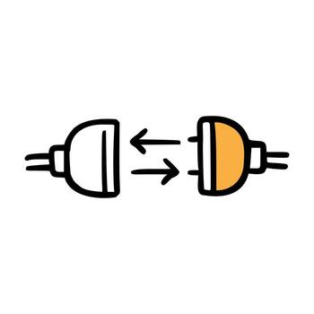 Two electrical plugs, one white and one orange, connected by arrows indicating a connection. Simple and modern design, representing technology and connectivity. vector