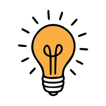 A simple illustration of a light bulb with rays emanating from it. The bulb is yellow with a classic design, symbolizing ideas and innovation. vector