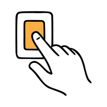 A hand pressing a button on a touchscreen device. The hand is Caucasian with a light skin tone. The button is orange and rectangular in shape. vector