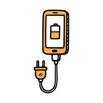 A smartphone with a charging cable connected to a power outlet. The battery icon on the screen indicates charging status. Simple and modern design. vector