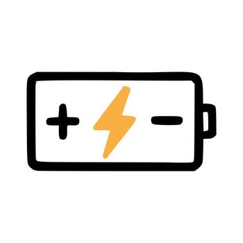 A simple illustration of a battery with a lightning bolt symbol, representing energy and power. The design is minimalistic and uses black and yellow colors. vector