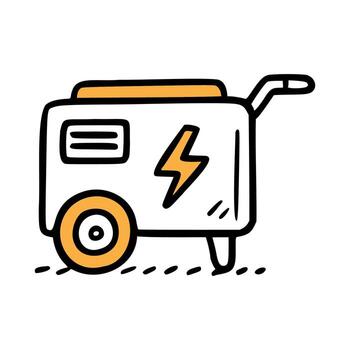 A simple illustration of a portable generator with a lightning bolt symbol. The generator has wheels and a handle for easy transport. vector