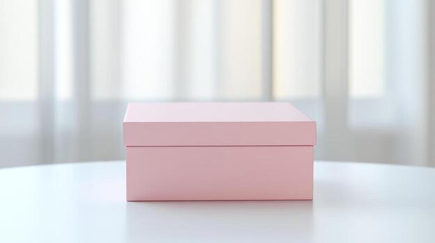 Pink gift box on white table, soft blurred background photo