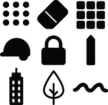 Collection of nine distinct black graphic icons representing various concepts on a white background vector